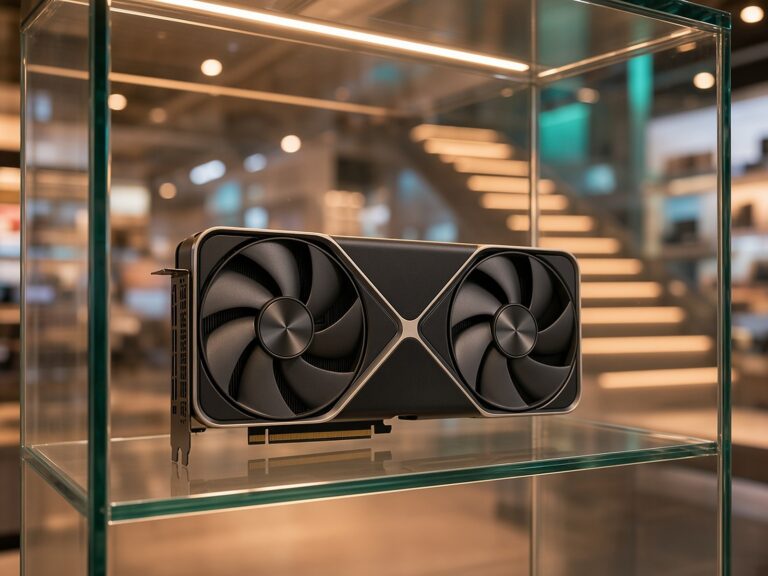 An NVIDIA GeForce RTX 5080 Founders Edition card on a glass shelf in a lit electronics store display case, with stepped shelf lights rising behind it.