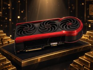 Illustration of the ASUS ROG Matrix Platinum RTX 5090 30th Anniversary card on a velvet and gold display pedestal surrounded by gold bars