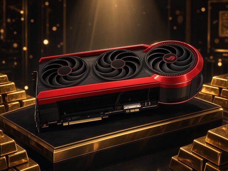 Illustration of the ASUS ROG Matrix Platinum RTX 5090 30th Anniversary card on a velvet and gold display pedestal surrounded by gold bars