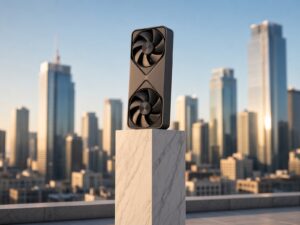 An RTX 5090 Founders Edition standing on a tall marble pedestal on a rooftop, with a city skyline at golden hour behind it