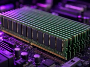 Low-angle macro of a long row of DDR5 registered server memory modules installed on a server motherboard, lit in purple.