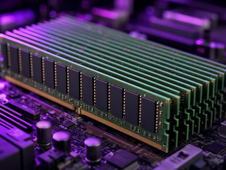 Low-angle macro of a long row of DDR5 registered server memory modules installed on a server motherboard, lit in purple.